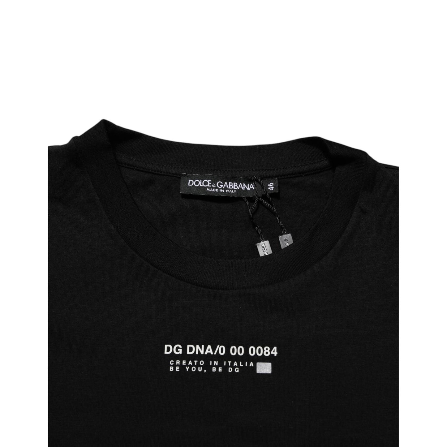 Dolce & Gabbana Black Statement Cotton Men Crew Neck T-shirt with bold logo print, premium black cotton, and classic crew neck design.