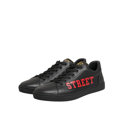 Dolce & Gabbana Black Street Life Low Top Men Sneakers Shoes with red motif, lace-up design, and cushioned sole.