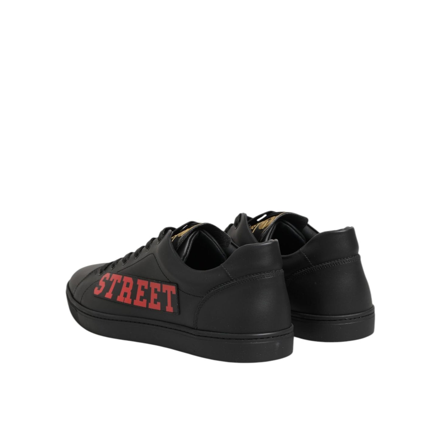 Dolce & Gabbana Black Street Life Low Top Men Sneakers Shoes, sleek black with red "Street" motif, rear side view of footwear.