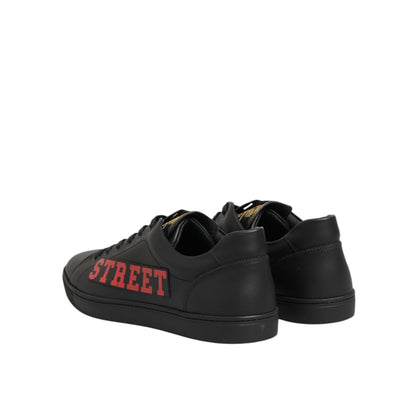 Dolce & Gabbana Black Street Life Low Top Men Sneakers Shoes, sleek black with red "Street" motif, rear side view of footwear.