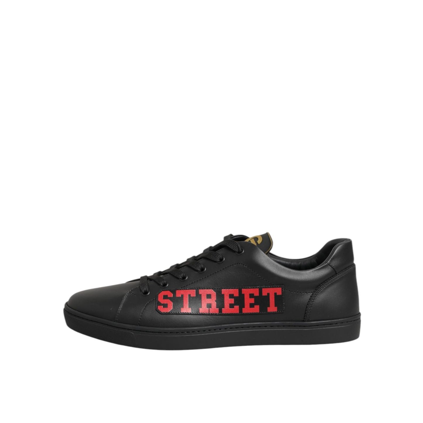 Dolce & Gabbana Black Street Life Low Top Men Sneakers Shoes in sleek black leather with "Street Life" motif, side view.