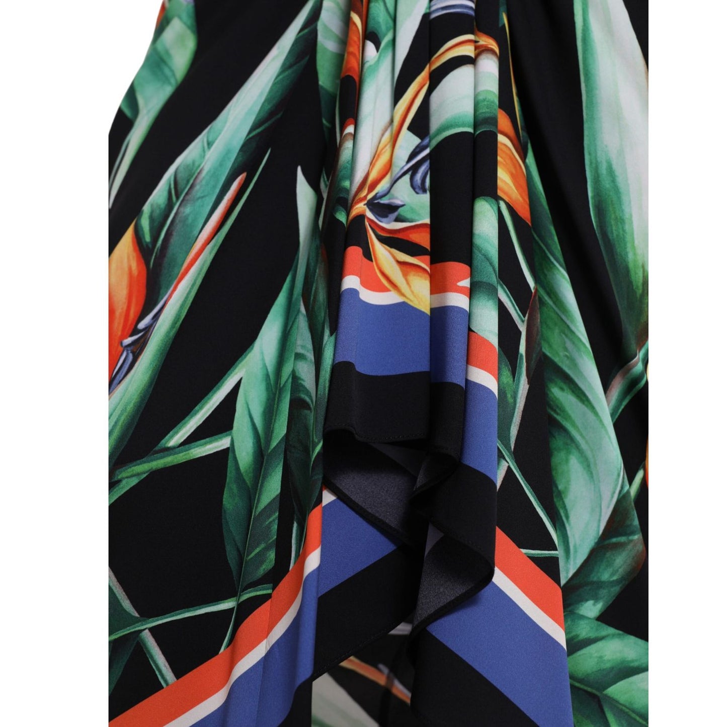 Dolce & Gabbana Black Strelitzia High Waist Wrap Midi Skirt with floral pattern, close-up of fabric detail showing vibrant colors.
