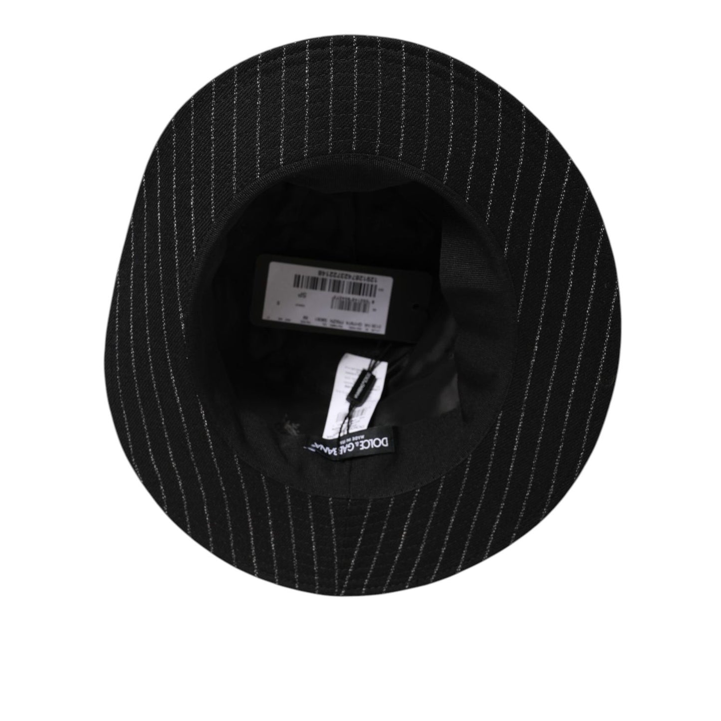 Top view of Dolce & Gabbana Black Striped Virgin Wool Men Fedora Capello Hat showing interior details.
