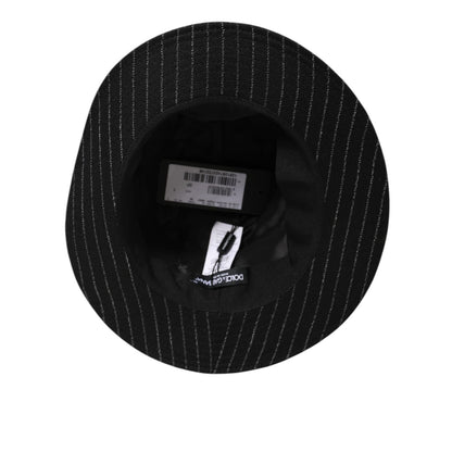 Top view of Dolce & Gabbana Black Striped Virgin Wool Men Fedora Capello Hat showing interior details.