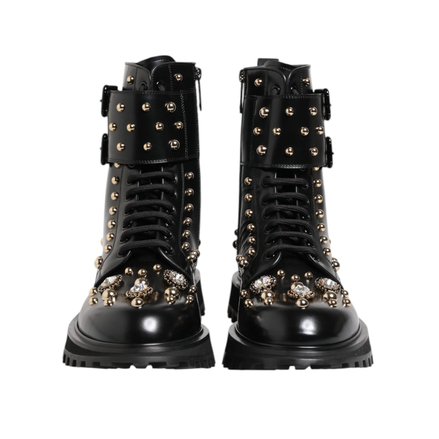 Dolce & Gabbana Black Studded Lace Up Mid Calf Boots Shoes, high craftsmanship calf leather with logo details, made in Italy.