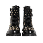 Dolce & Gabbana Black Studded Lace Up Mid Calf Boots Shoes, high craftsmanship calf leather with logo details, made in Italy.