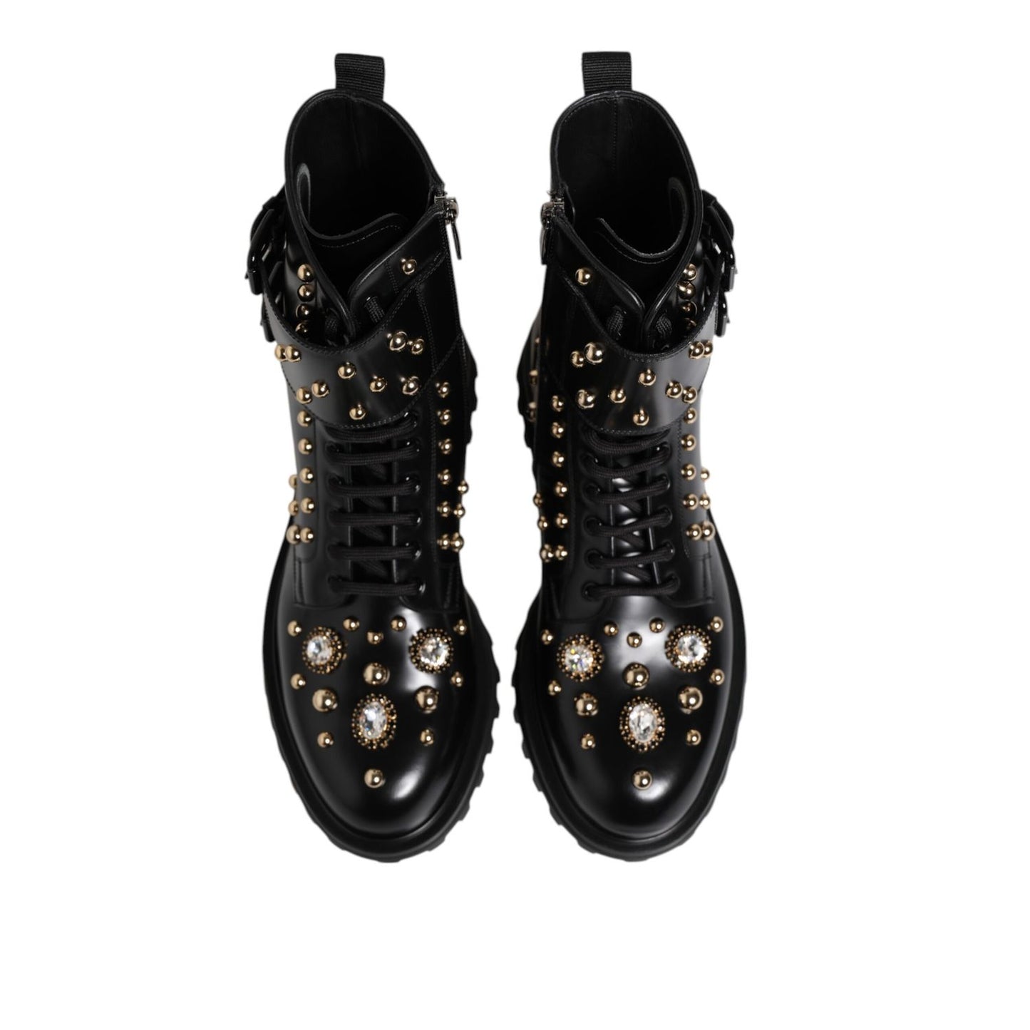 Dolce & Gabbana Black Studded Lace Up Mid Calf Boots Shoes with leather and exclusive design, featuring luxurious craftsmanship.