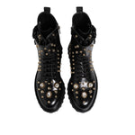 Dolce & Gabbana Black Studded Lace Up Mid Calf Boots Shoes with leather and exclusive design, featuring luxurious craftsmanship.