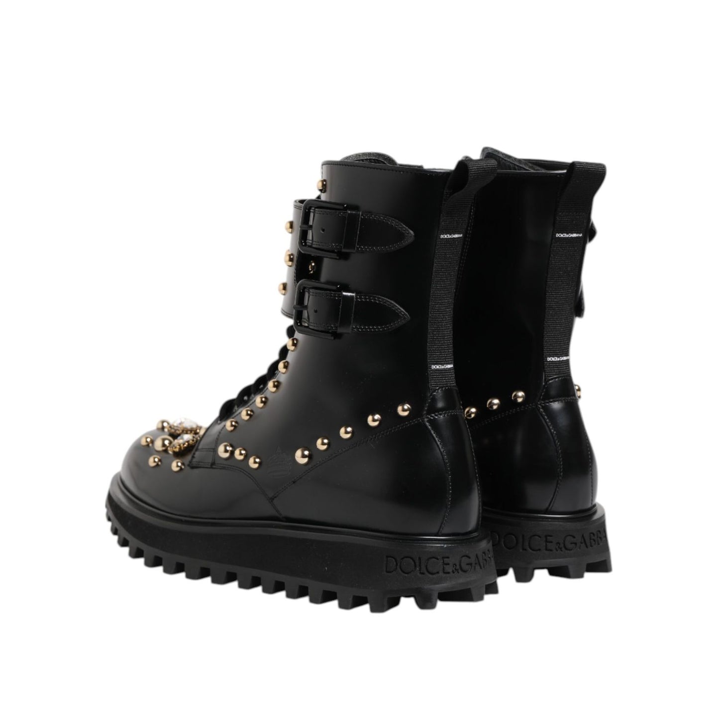 Dolce & Gabbana Black Studded Lace Up Mid Calf Boots Shoes with leather outer sole and logo details, back view.