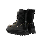 Dolce & Gabbana Black Studded Lace Up Mid Calf Boots Shoes with leather outer sole and logo details, back view.