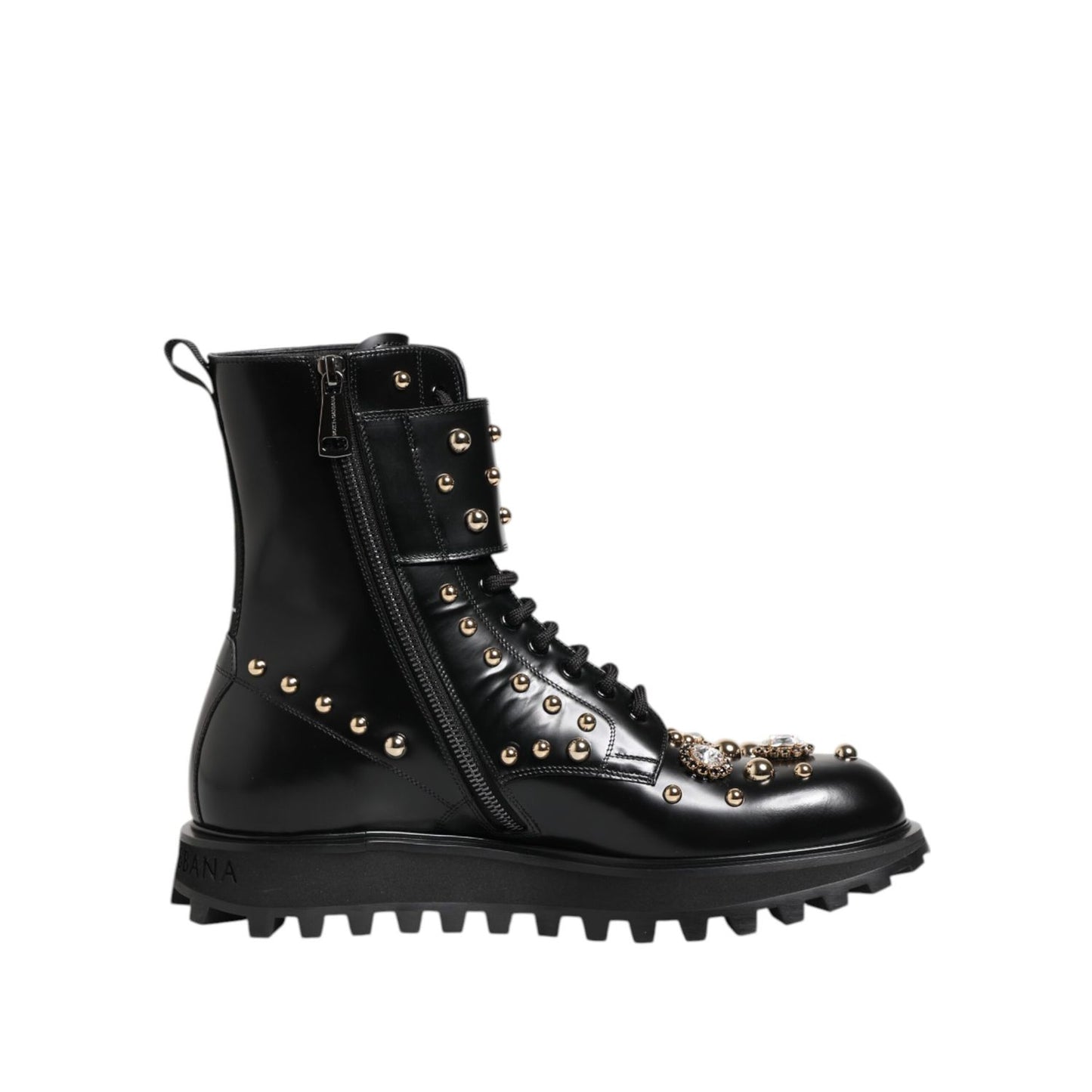 Dolce & Gabbana Black Studded Lace Up Mid Calf Boots Shoes in leather with gold studs and side zipper detail, made in Italy.