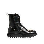 Dolce & Gabbana Black Studded Lace Up Mid Calf Boots Shoes in leather with gold studs and side zipper detail, made in Italy.