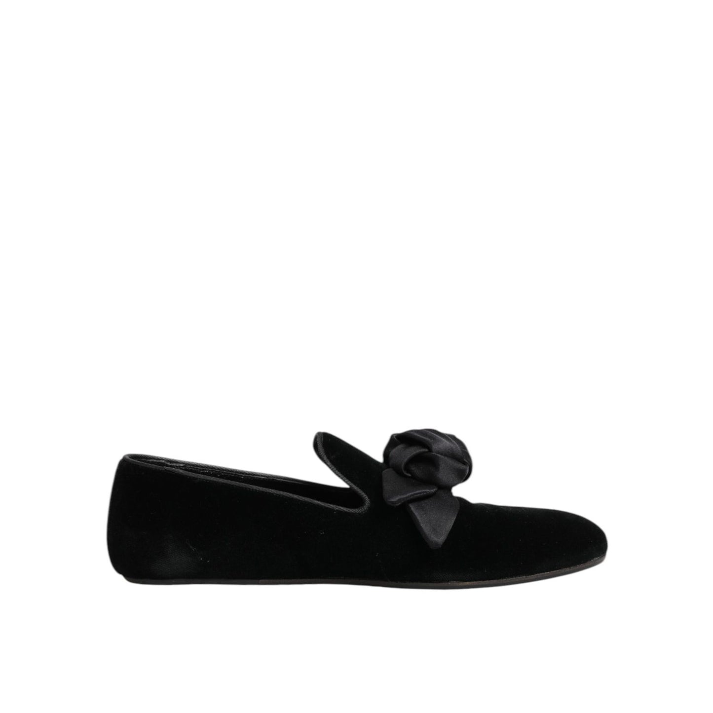Dolce & Gabbana Black Suede Cotton Rose Slip On Loafers Shoes with sleek silhouette and rose detail.