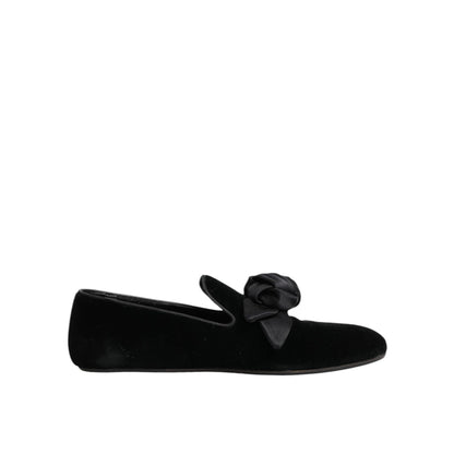 Dolce & Gabbana Black Suede Cotton Rose Slip On Loafers Shoes, elegant design with a sleek silhouette and soft cotton rose accent.