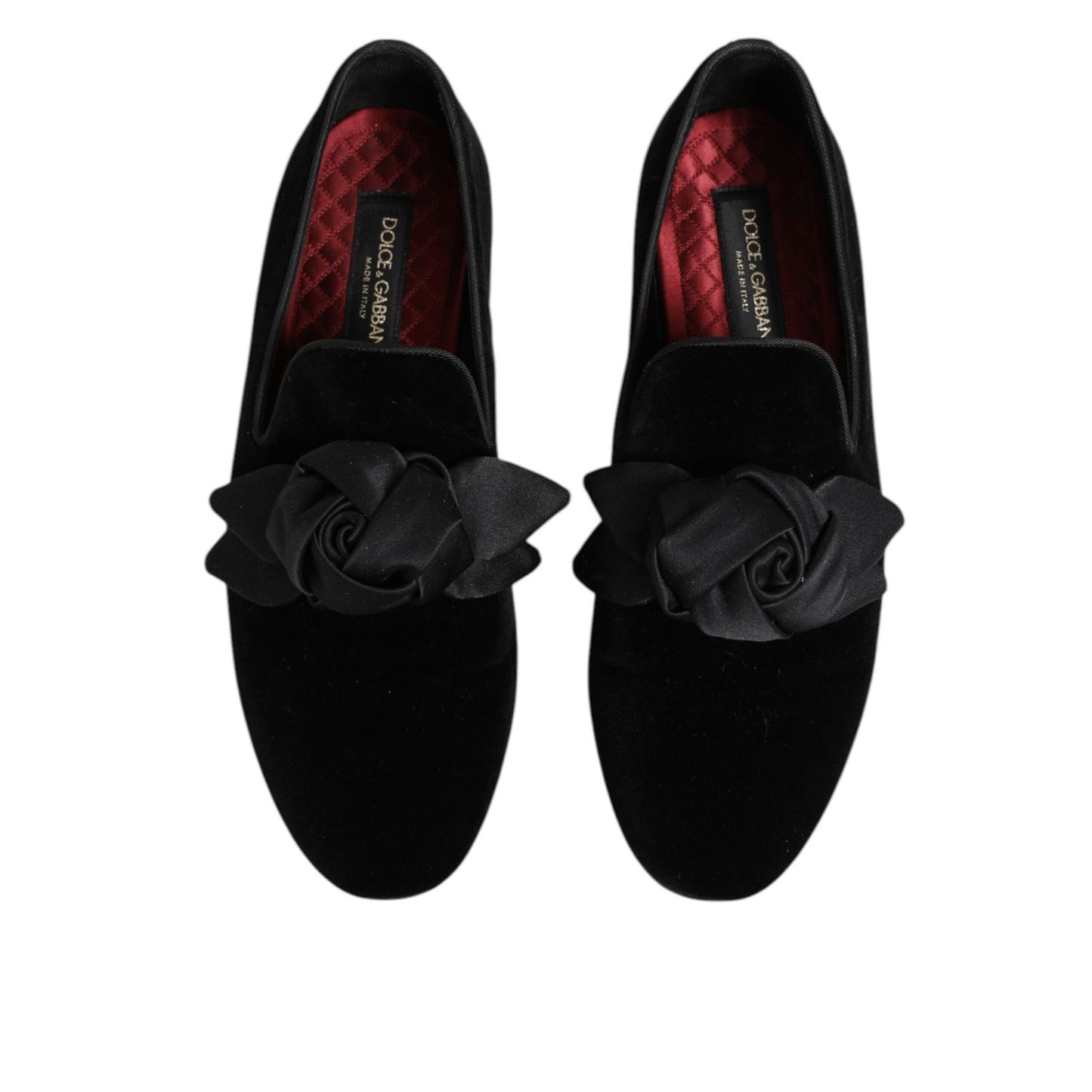 Dolce & Gabbana Black Suede Cotton Rose Slip On Loafers Shoes with soft rose detail on top view