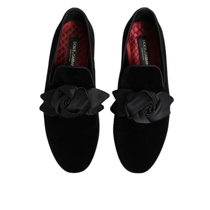 Dolce & Gabbana Black Suede Cotton Rose Slip On Loafers Shoes with soft rose detail on top view