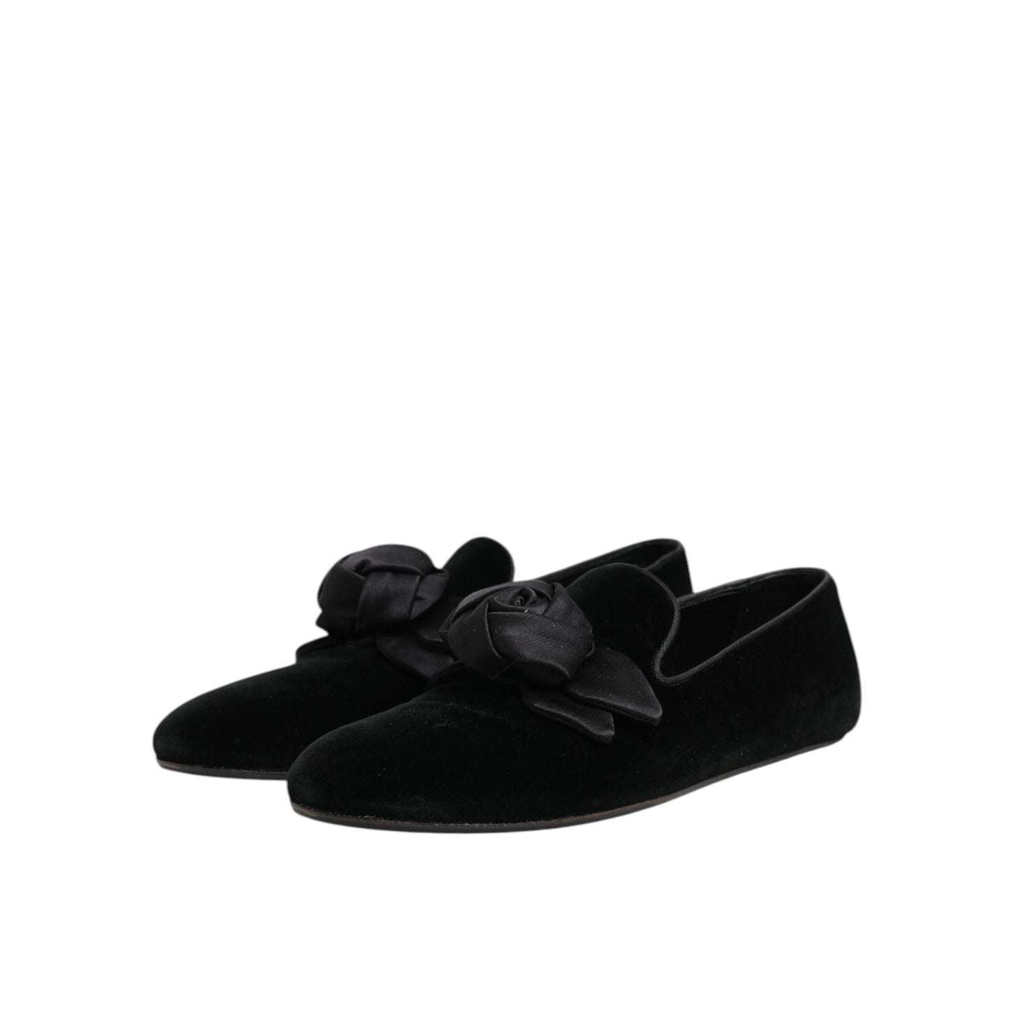 Dolce & Gabbana Black Suede Cotton Rose Slip On Loafers Shoes with a sleek design and rose detail, perfect for casual and semi-formal wear.