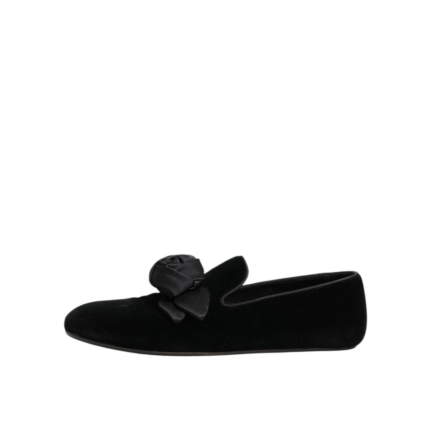 Dolce & Gabbana Black Suede Cotton Rose Slip On Loafers Shoes, side view showing elegant rose detail on black suede material.
