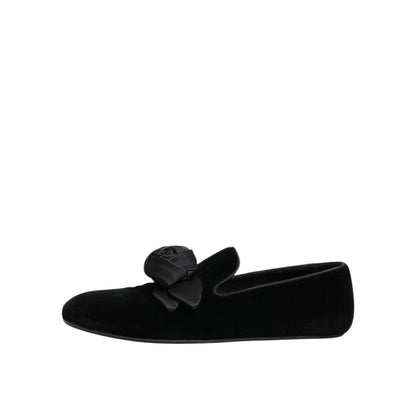 Dolce & Gabbana Black Suede Cotton Rose Slip On Loafers Shoes, side view showing elegant rose detail on black suede material.