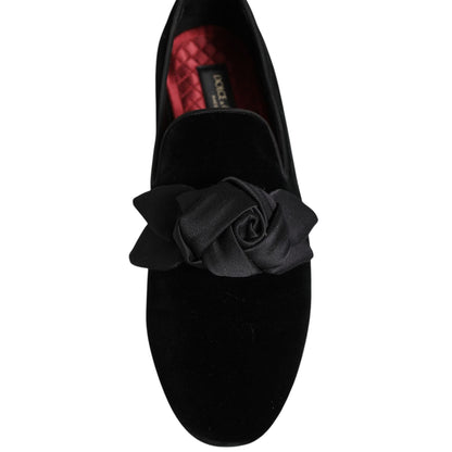 Dolce & Gabbana Black Suede Cotton Rose Slip On Loafers Shoes with elegant black rose accent detail.