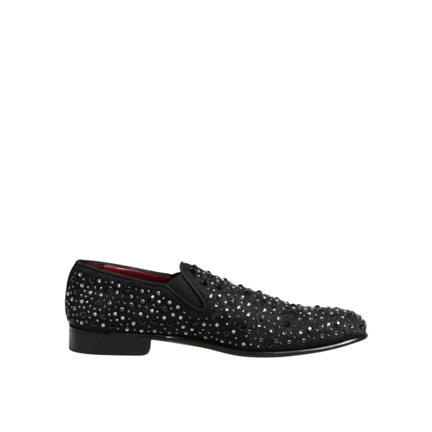 Dolce & Gabbana Black Suede Crystal Embellished Loafer Shoes in profile view showcasing luxury design and sparkling details.