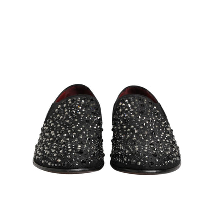 Dolce & Gabbana Black Suede Crystal Embellished Loafer Shoes front view with sparkling design.
