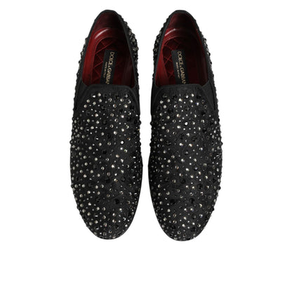 Dolce & Gabbana Black Suede Crystal Embellished Loafer Shoes with sparkling details, perfect for formal and upscale events.