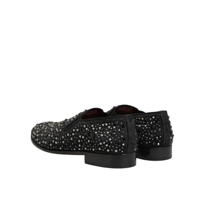 Dolce & Gabbana Black Suede Crystal Embellished Loafer Shoes, rear view showing intricate crystal detailing on premium black suede.