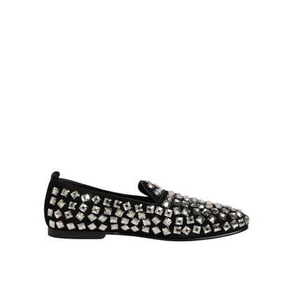 Dolce & Gabbana Black Suede Crystals Loafers Men Dress Shoes with dazzling embellishments and premium design.