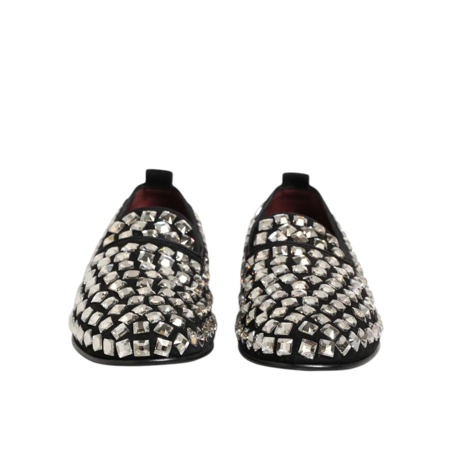 Dolce & Gabbana Black Suede Crystals Loafers Men Dress Shoes with dazzling crystal embellishments, front view.