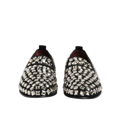 Dolce & Gabbana Black Suede Crystals Loafers Men Dress Shoes with dazzling crystal embellishments, front view.