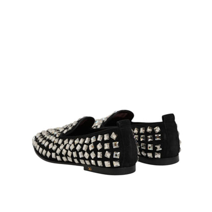Dolce & Gabbana Black Suede Crystals Loafers Men Dress Shoes with crystal embellishments, elegant design for formal events.