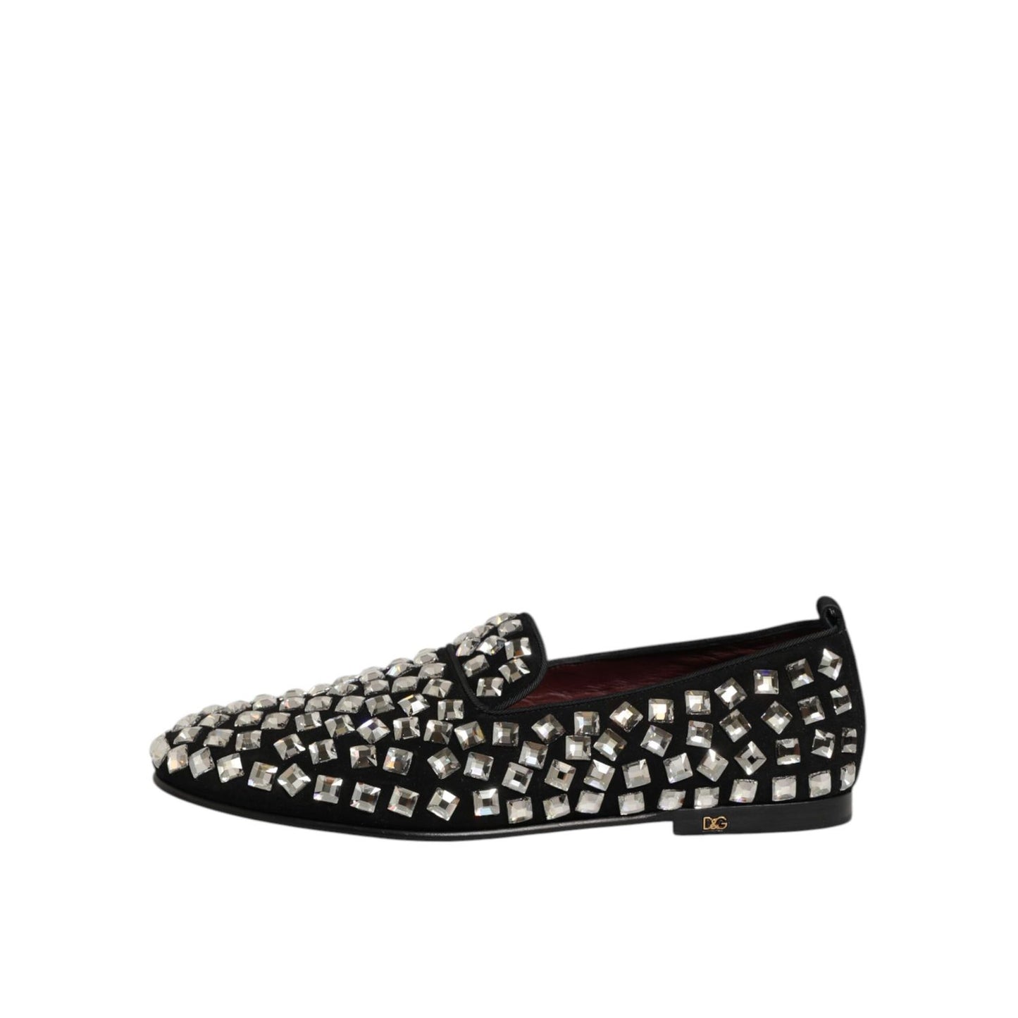 Dolce & Gabbana Black Suede Crystals Loafers Men Dress Shoes with dazzling crystal embellishments on a black suede background.