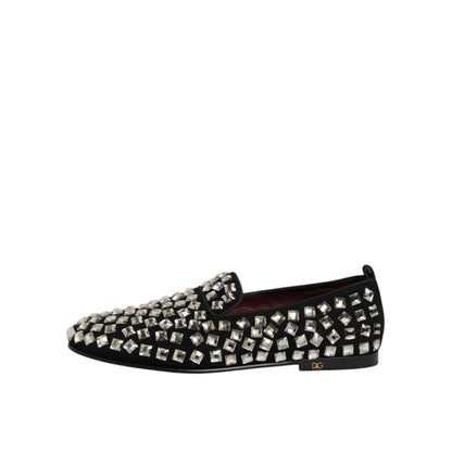 Dolce & Gabbana Black Suede Crystals Loafers Men Dress Shoes with dazzling crystal embellishments on a black suede background.