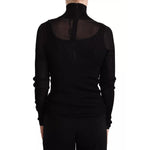 Dolce & Gabbana Black Turtleneck Form Fitting Pullover Sweater, back view showcasing translucent ribbed knit design.
