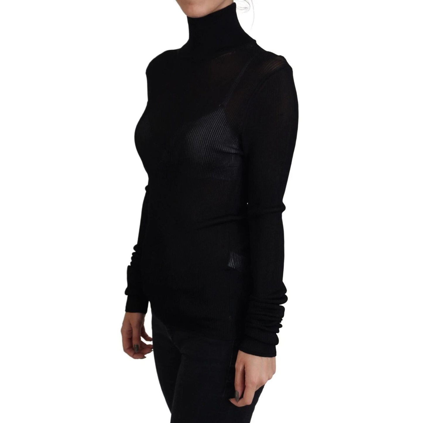 Dolce & Gabbana Black Turtleneck Slim Fit Pullover Sweater on female model, ribbed knitwear, zipper closure, logo detail.