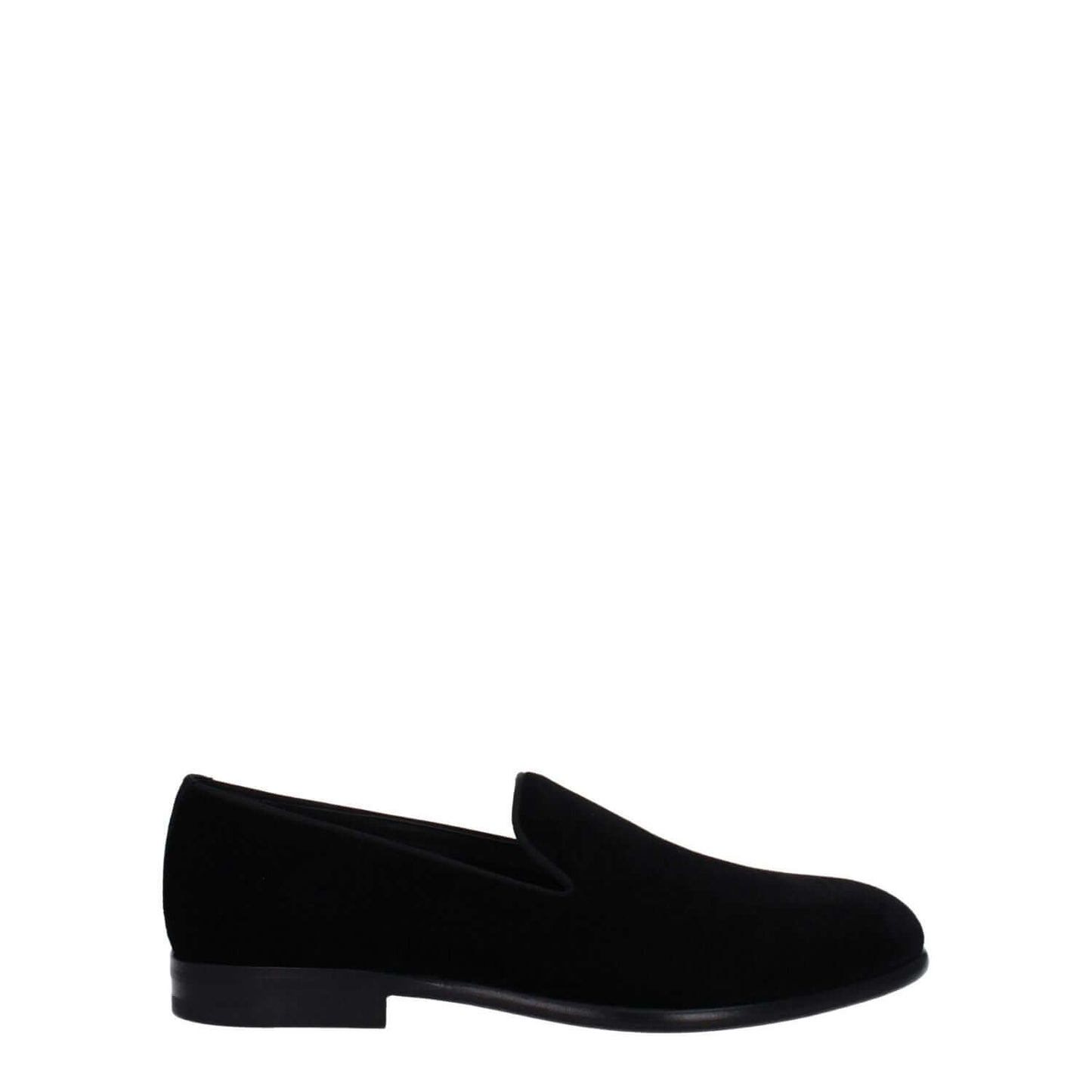 Dolce & Gabbana Black Velvet Slip-On Loafers with leather sole and low flat heel, featuring a stylish round toe design.