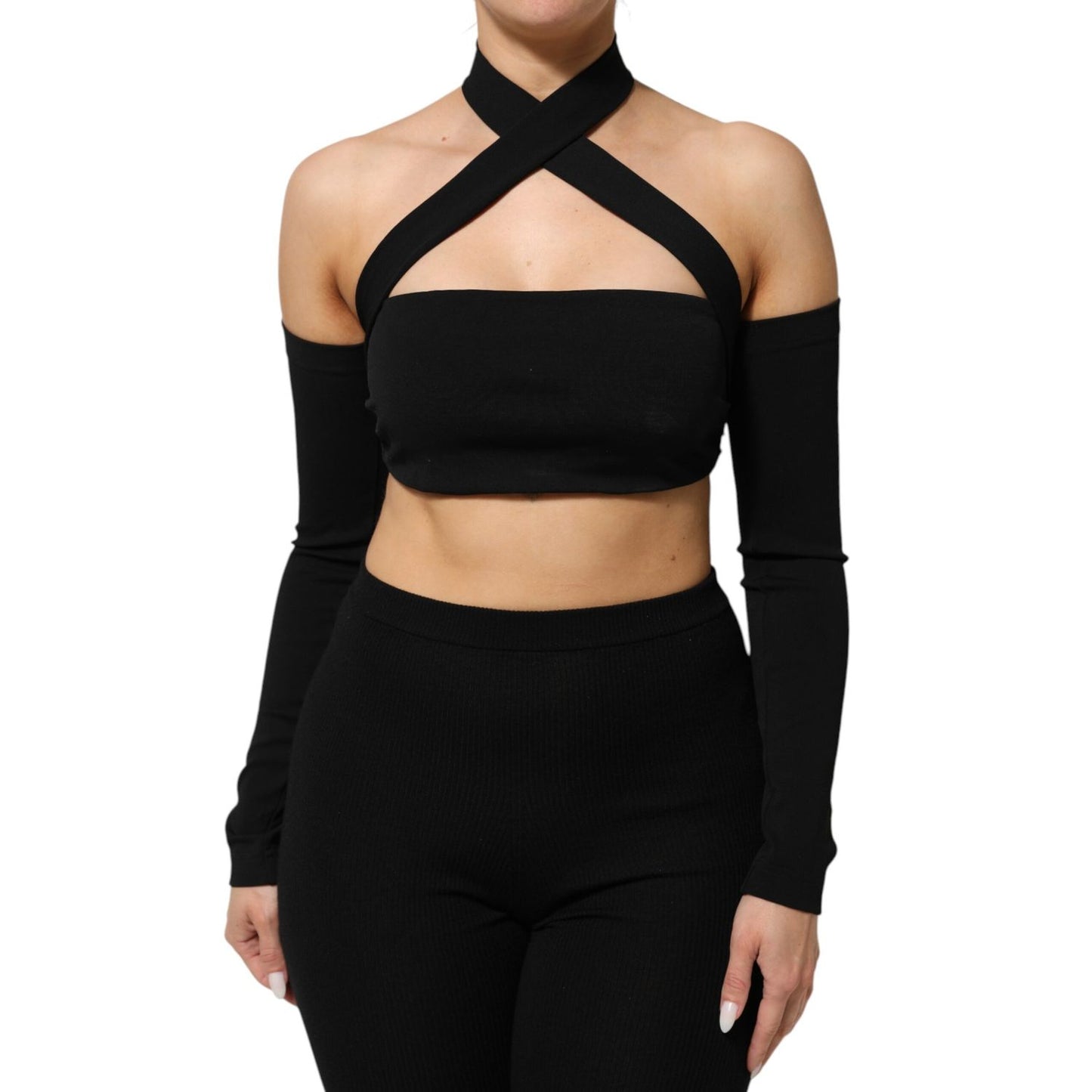 Dolce & Gabbana Black Viscose Halter Off Shoulder Cropped Top on model showing elegant evening fashion style.