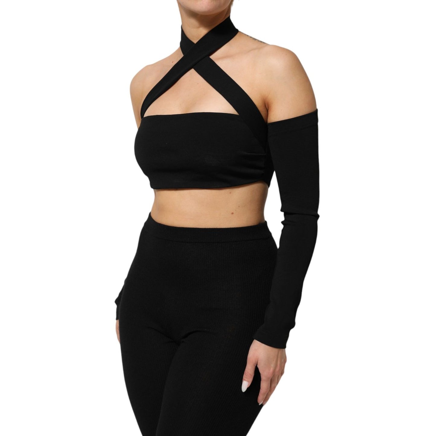 Dolce & Gabbana Black Viscose Halter Off Shoulder Cropped Top featuring an elegant design, ideal for evening outings and bold, feminine looks.