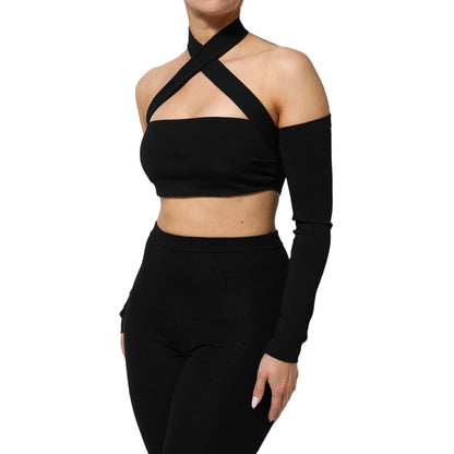Dolce & Gabbana Black Viscose Halter Off Shoulder Cropped Top featuring an elegant design, ideal for evening outings and bold, feminine looks.