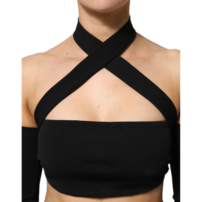 Dolce & Gabbana Black Viscose Halter Off Shoulder Cropped Top with elegant design, perfect for evening wear.