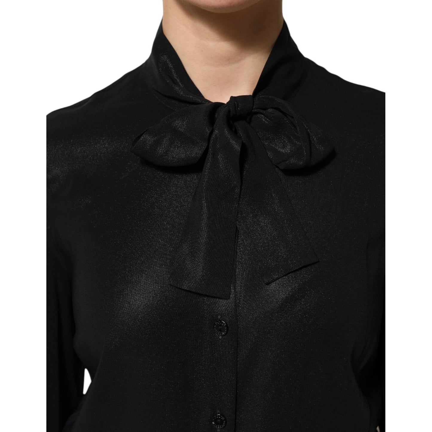 Dolce & Gabbana Black Viscose Long Sleeve Tie Neck Blouse Top with bow detail and button closure, elegant Italian design.