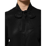 Dolce & Gabbana Black Viscose Long Sleeve Tie Neck Blouse Top with bow detail and button closure, elegant Italian design.