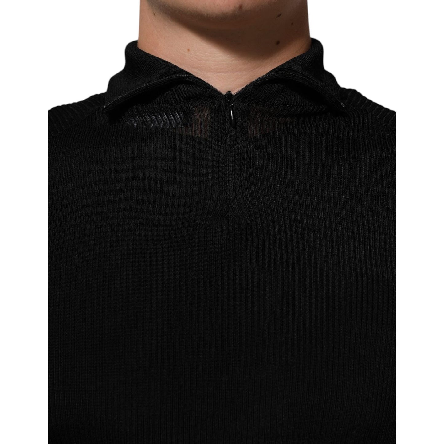 Dolce & Gabbana Black Viscose Turtle Neck Pullover Sweater with half zipper closure, luxurious design, crafted for a sleek, comfortable fit.