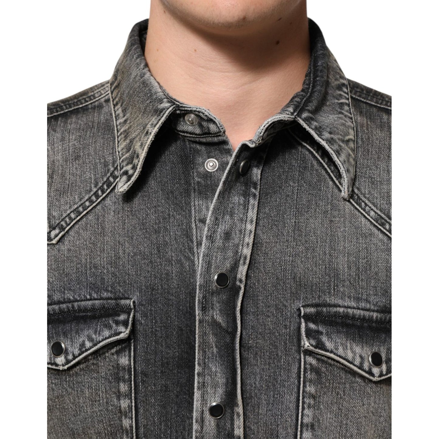 Dolce & Gabbana Black Washed Cotton Snap Long Sleeve Casual Shirt