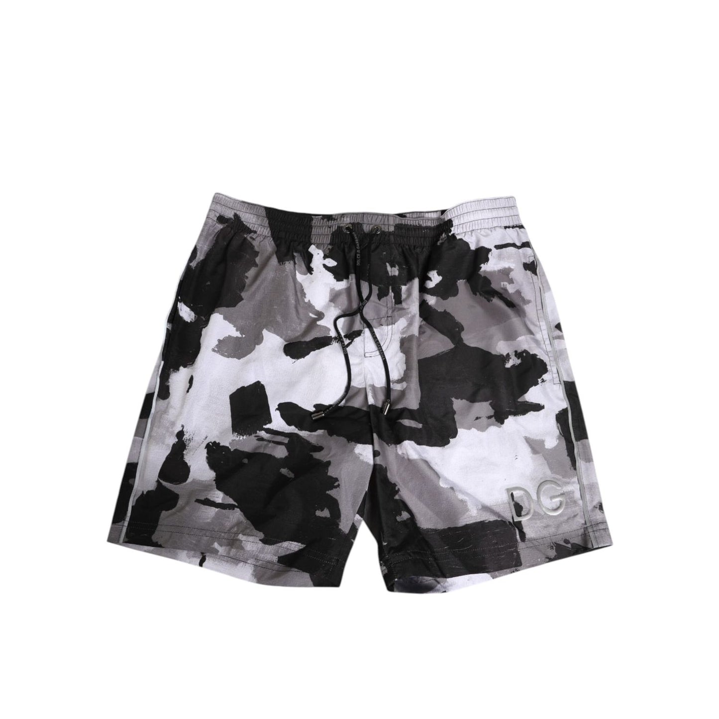 Dolce & Gabbana Black White Camouflage DG Logo Men Swimwear shorts with elastic waistband and drawstring.