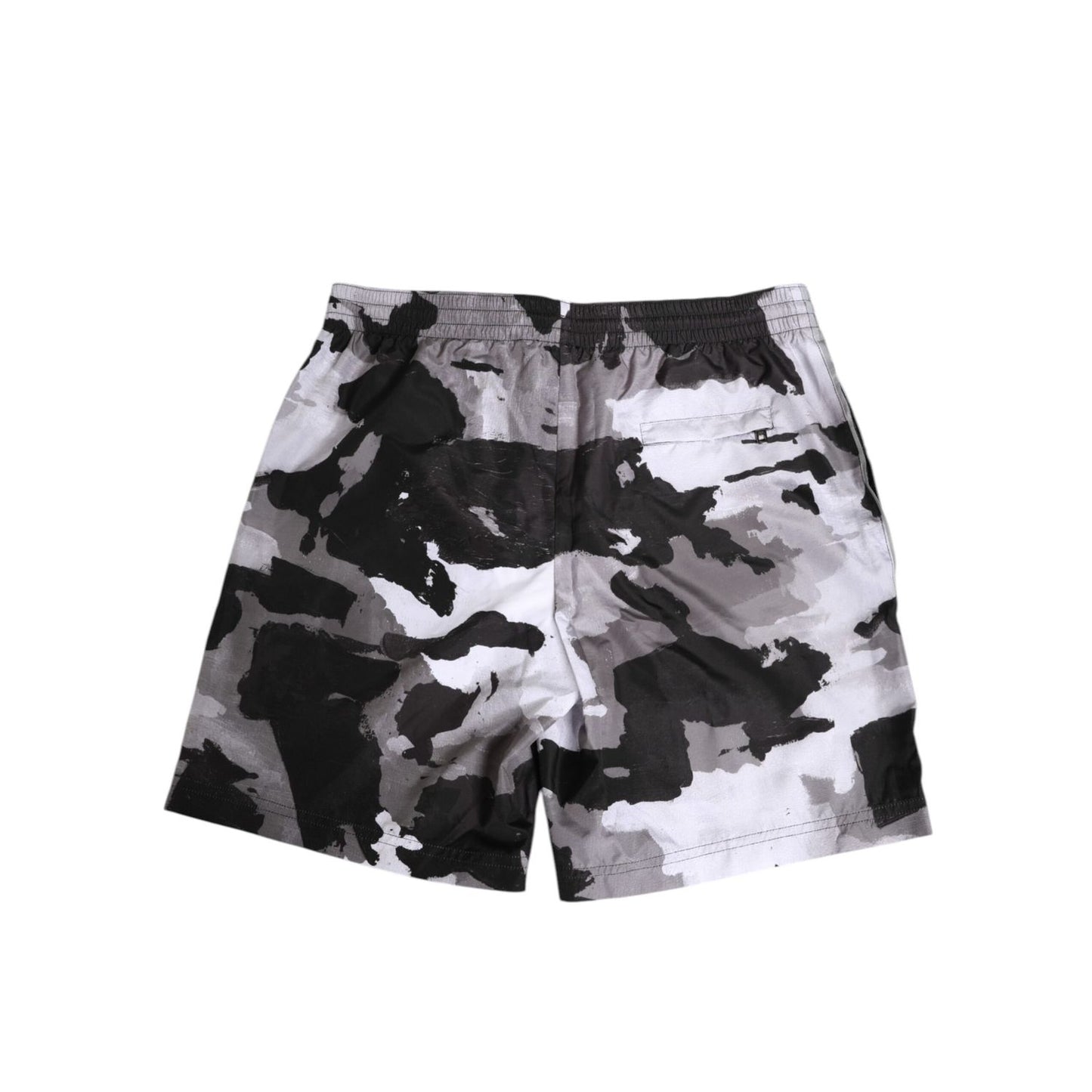 Dolce & Gabbana Black White Camouflage DG Logo Men Swimwear showcasing bold style with adjustable waistband.
