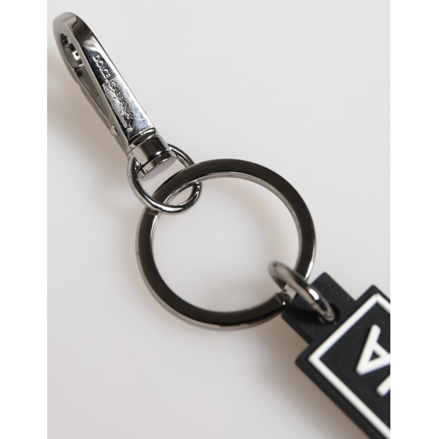 Dolce & Gabbana Black White DG Rubber Logo Silver Men's Holder Keyring with logo engraved metal hardware.