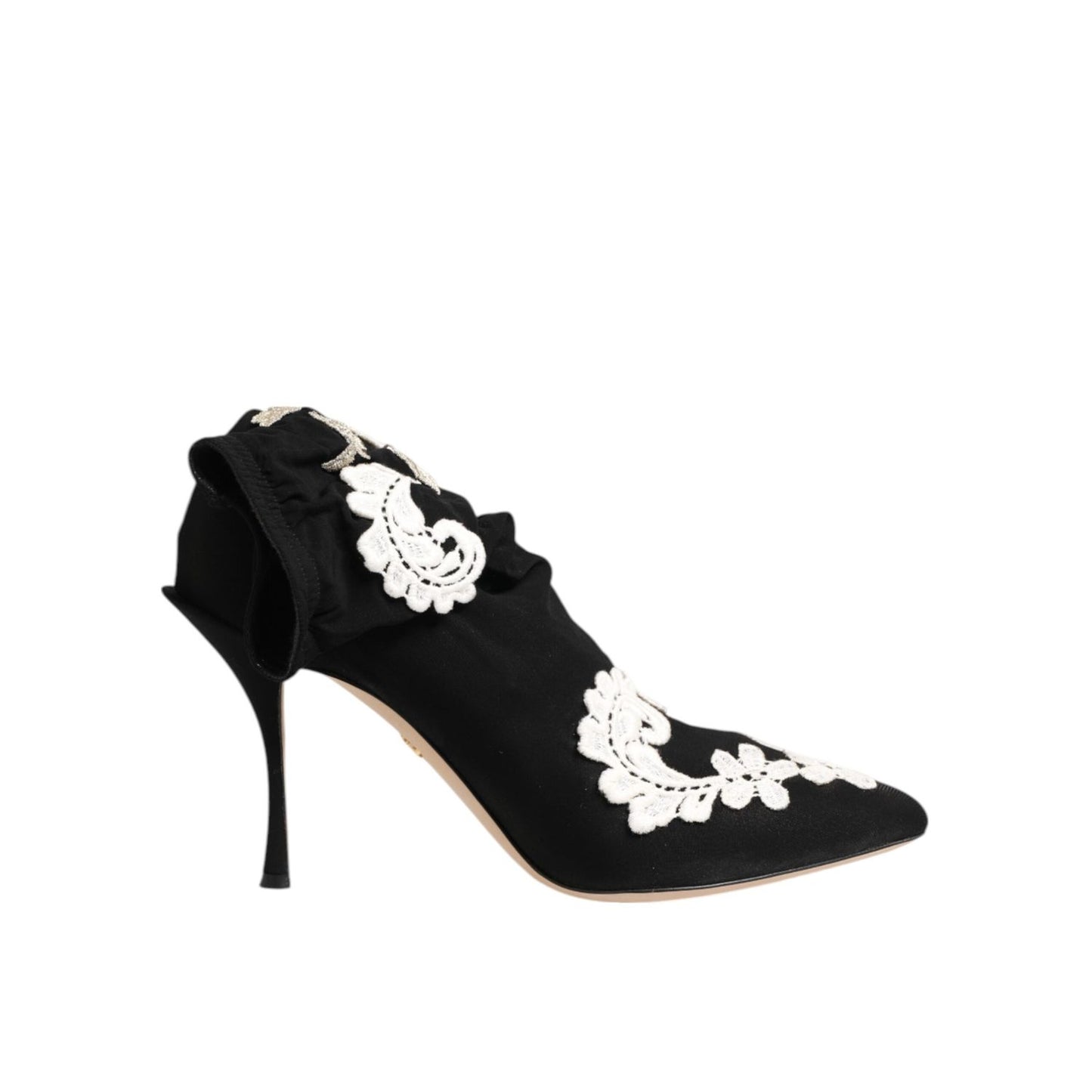 Dolce & Gabbana Black White Embroidered Jersey Stiletto Boots Shoes with floral design and pointed toe