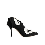 Dolce & Gabbana Black White Embroidered Jersey Stiletto Boots Shoes with floral design and pointed toe